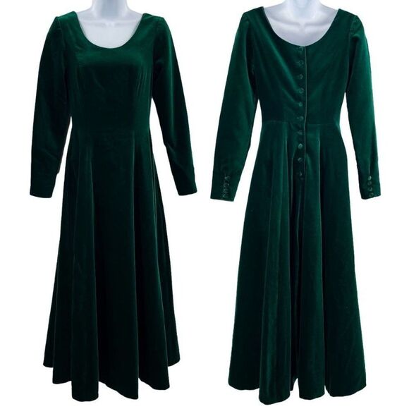 Vintage Laura Ashley Long Sleeve Button Back Velvet Midi Dress - Picture 1 of 11
